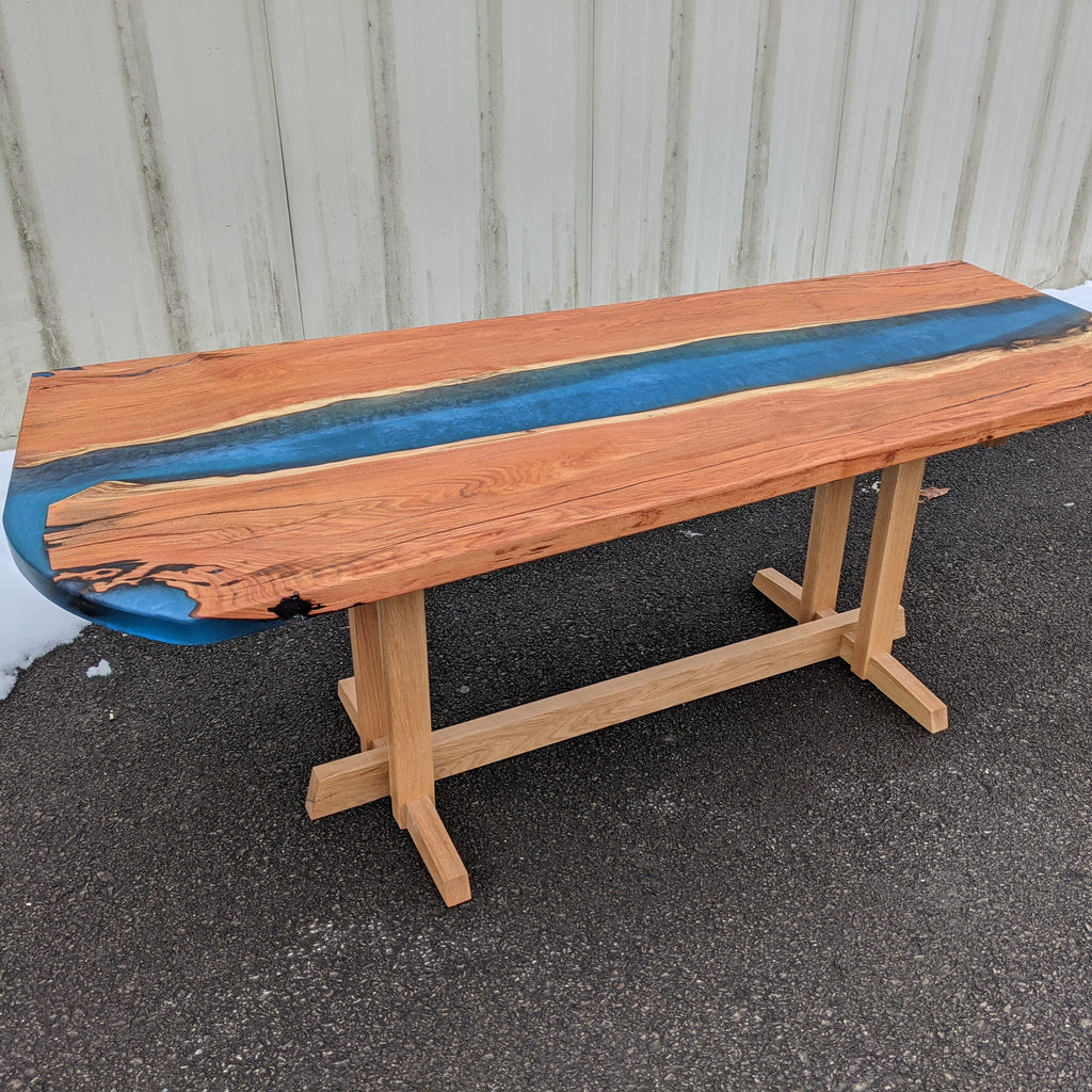 Honey Locust River Table with Blue Epoxy and modern base