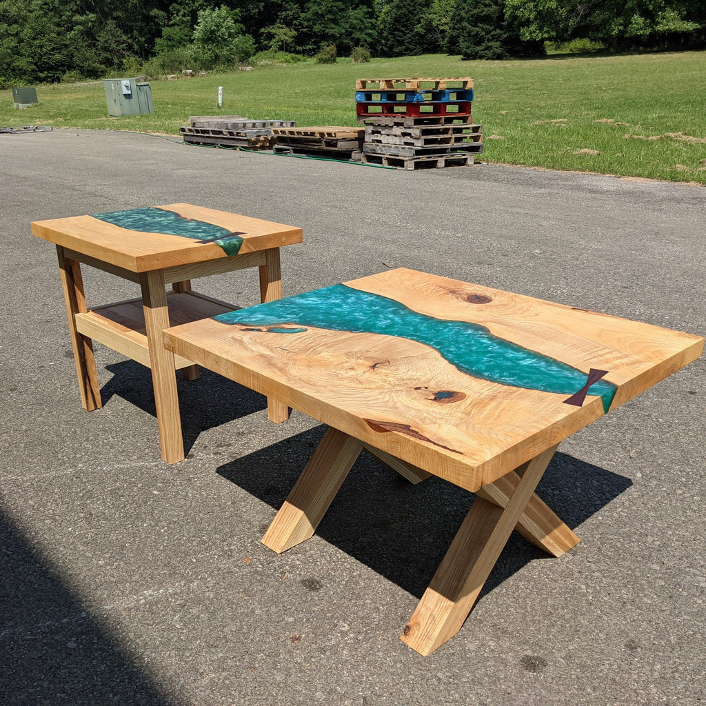 Hunter green and seafoam green epoxy river coffee and end ash table tops