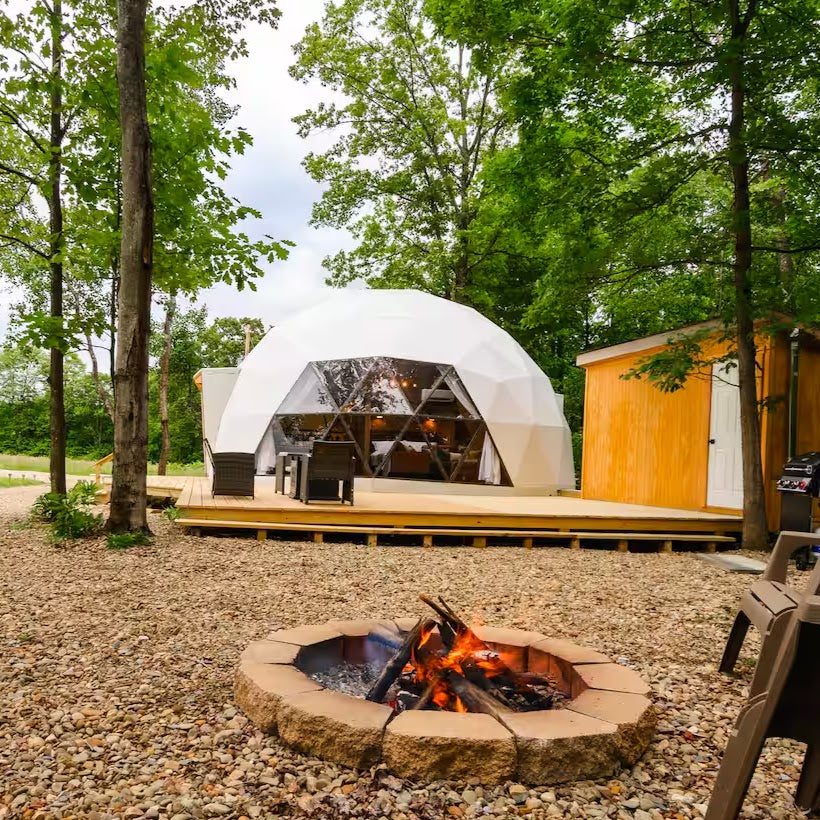 Geodome with 6" Walnut and Hexagon Trim Accents, Sauna & Firepit